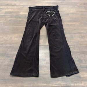 Vintage Twisted Heart Y2K Black Velour Sweat Pants Wide Leg Flared Heart Size 30